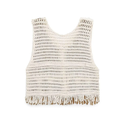 Retro Crocheted Hollow Out Cutout Knitted Vest Cardigan for Women Spring Summer  V neck Short Vest