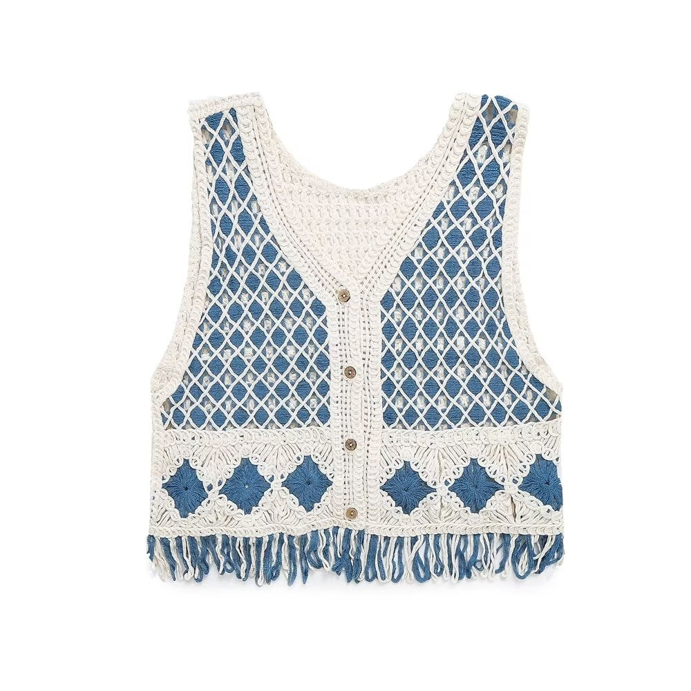 Retro Crocheted Hollow Out Cutout Knitted Vest Cardigan for Women Spring Summer  V neck Short Vest