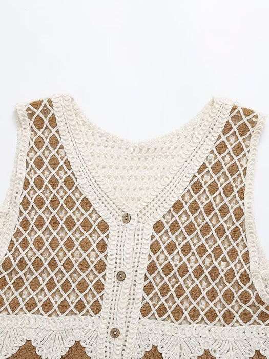 Retro Crocheted Hollow Out Cutout Knitted Vest Cardigan for Women Spring Summer  V neck Short Vest