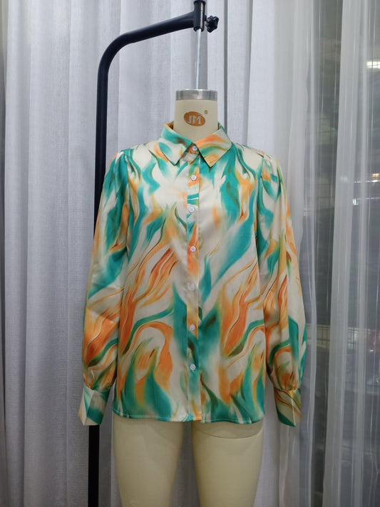 Spring Summer Women  Clothing Casual Satin Tie Dye Non Positioning Long-Sleeved Shirt