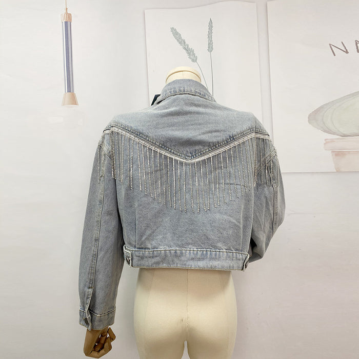 Popular Vintage Denim Jacket Collared Tassel Washed Short Spring Autumn Top