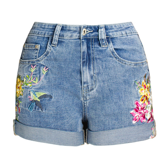 Women Clothing Wide Leg Stretch Shorts  Women Clothing 3D Exquisite Embroidered Floral Denim Shorts Women