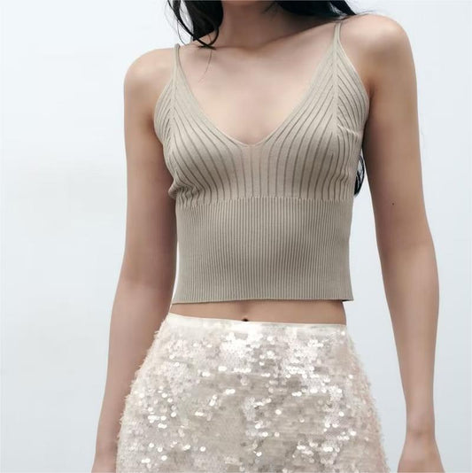 Spring Summer Solid Color Knitted Camisole Casual Slim Top Women