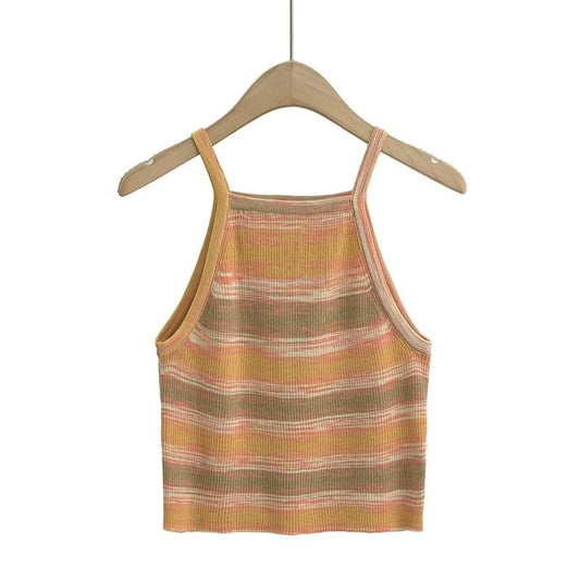 Sweet Spicy Striped Contrast Color Camisole Spring Women Clothing Stretch Slim Short Vest