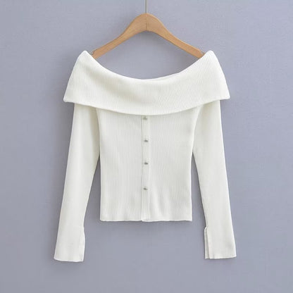 Spring White off-Shoulder off-Shoulder Collar Stretch Slimming Long Sleeve Pullover Sweater Women