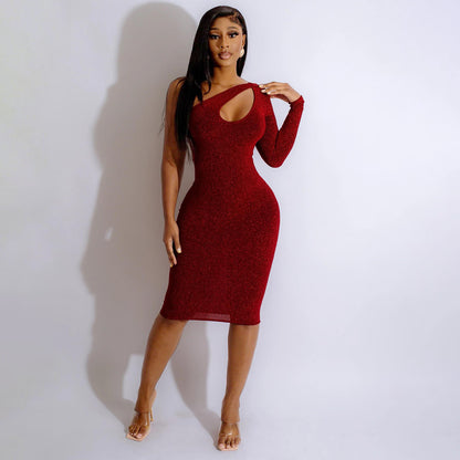 Summer Women Clothing Sexy Tight Hollow Out Cutout Shoulder One-Sleeve Midi Dress