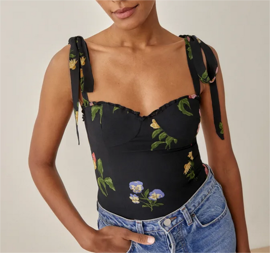 Summer Women Short Strap Lace-up Wooden Ear Printed Slim Vest Top