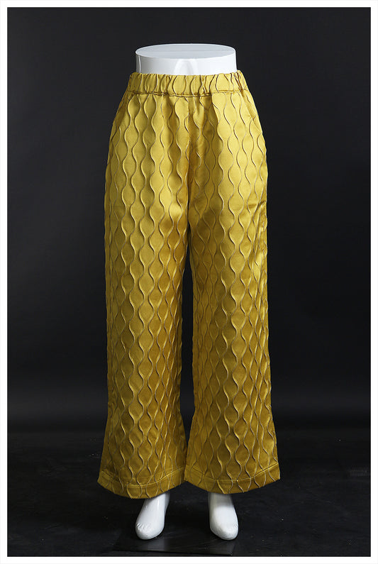 Straight Wide Leg Three Dimensional Plaid Heavy Industry Jacquard Bright Yellow Casual Women Pants