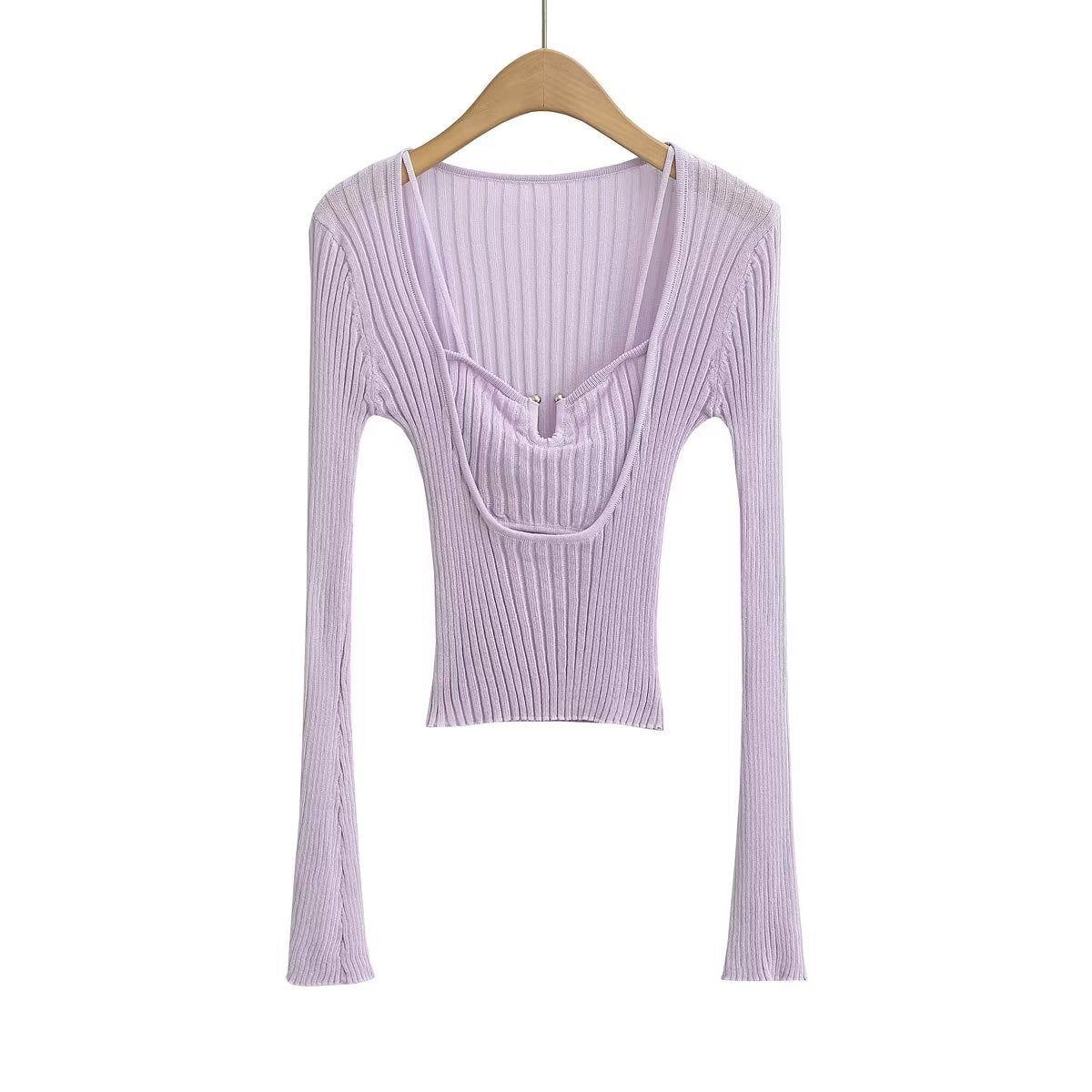 Same Design Sexy Hollow Out Cutout out Faux Two Pieces Thin Blouse Long Sleeve Knitted T shirt Women Summer Chic