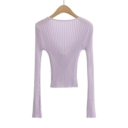 Same Design Sexy Hollow Out Cutout out Faux Two Pieces Thin Blouse Long Sleeve Knitted T shirt Women Summer Chic
