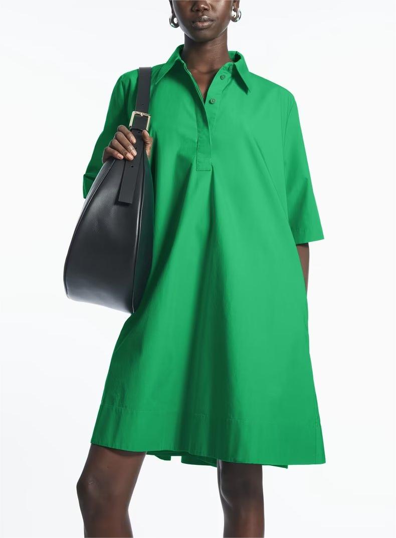 Spring Summer Office Simple Solid Color Niche Polo Collar Waist Trimming Short Sleeved Shirt Dress Women