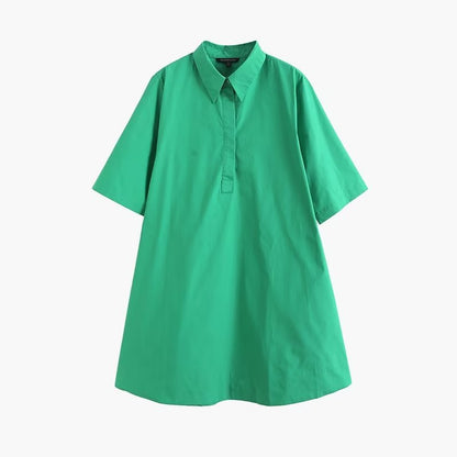 Spring Summer Office Simple Solid Color Niche Polo Collar Waist Trimming Short Sleeved Shirt Dress Women