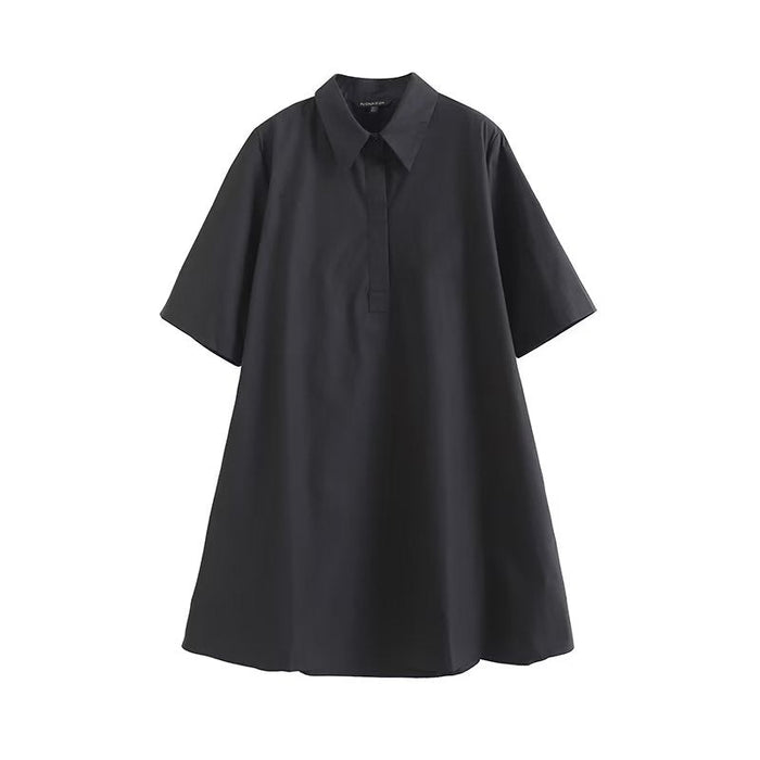 Spring Summer Office Simple Solid Color Niche Polo Collar Waist Trimming Short Sleeved Shirt Dress Women