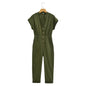 Summer Army Green Long Jumpsuit V Neck Decorated Row Button Waist Trimming Short Sleeved Jumpsuit