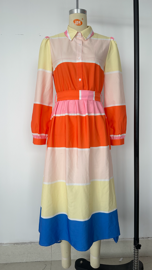 Spring Women Clothing Long Sleeve Multicolor Printing Dress Women