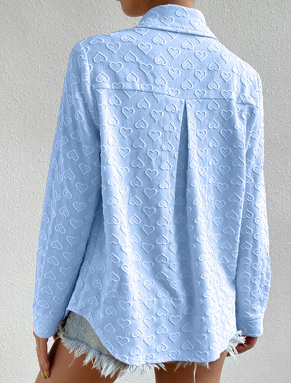 Early Autumn Women Wear Long Sleeve Collared Shirt Heart Shaped Jacquard Cardigan Casual Top