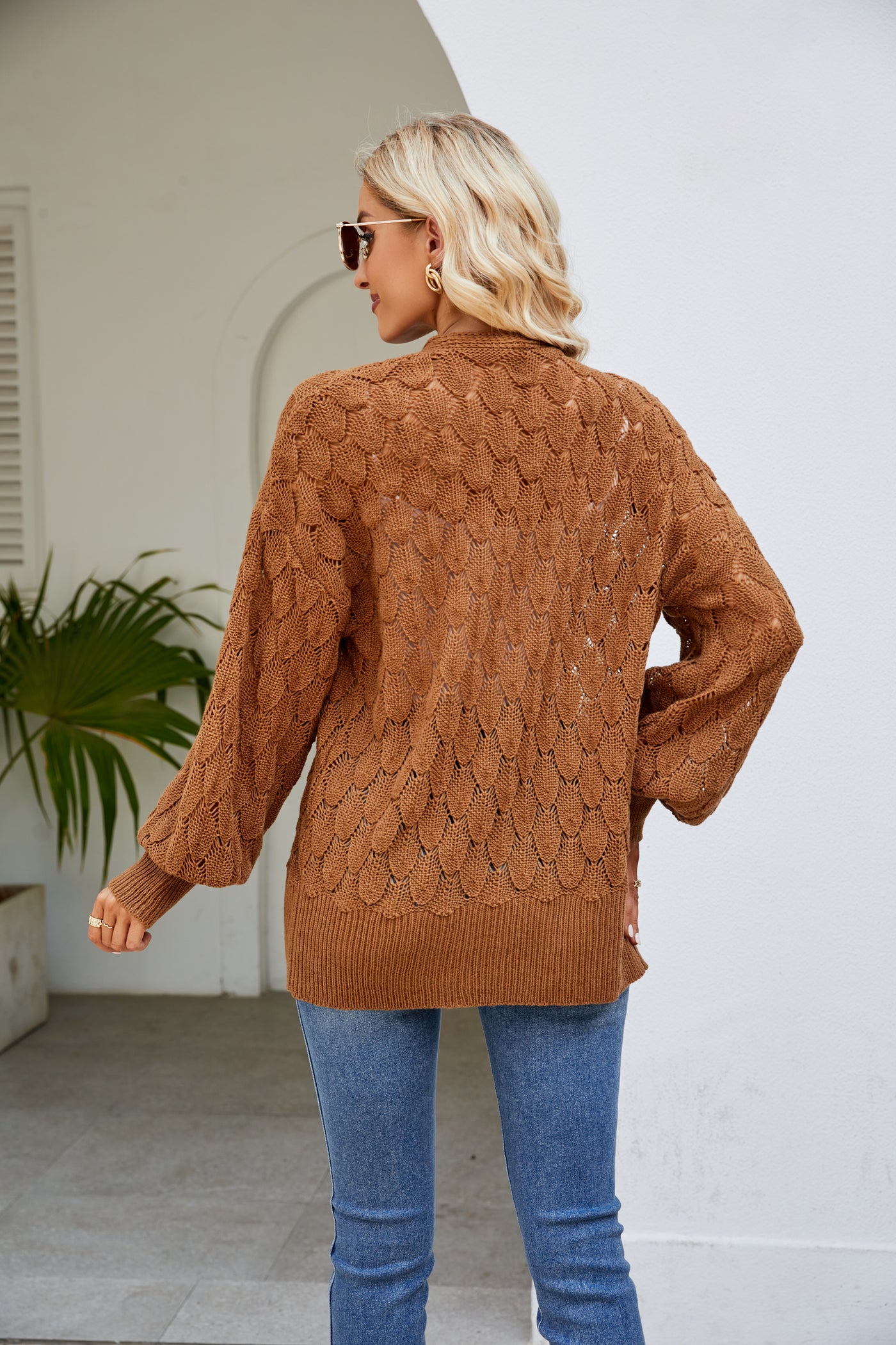 Loose Lazy Mid Length Sweater Coat Women Clothing Design Hollow Out Cutout Out Knitted Sweater Cardigan