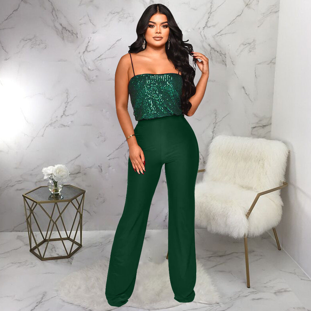 Women Pants Suspender Sequined Jumpsuit