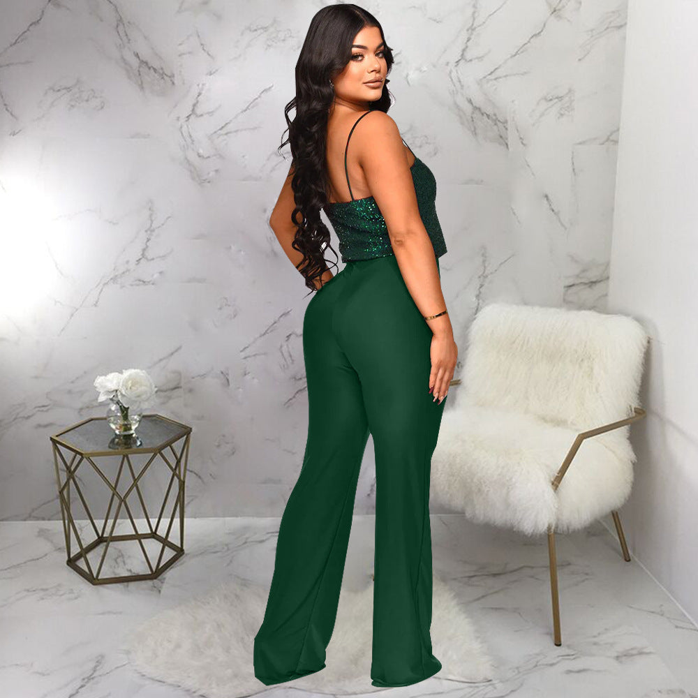 Women Pants Suspender Sequined Jumpsuit