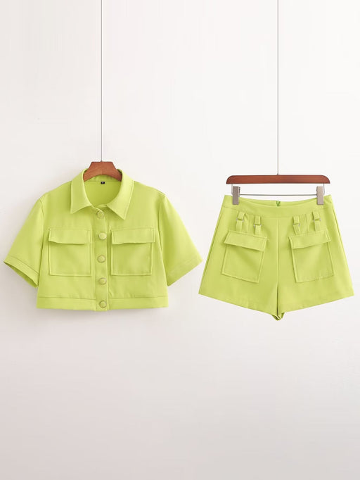 Summer Women Clothing Tuyere Pocket Decoration Shirt Short Coat High Waist Slimming All Matching Shorts