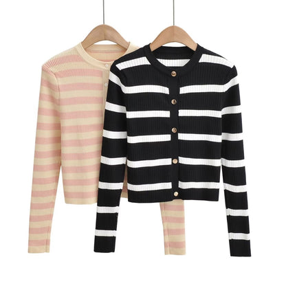 Retro Black White Striped Color Matching Sweater Cardigan Autumn Winter Elegant Metal Buckle Short Coat Women