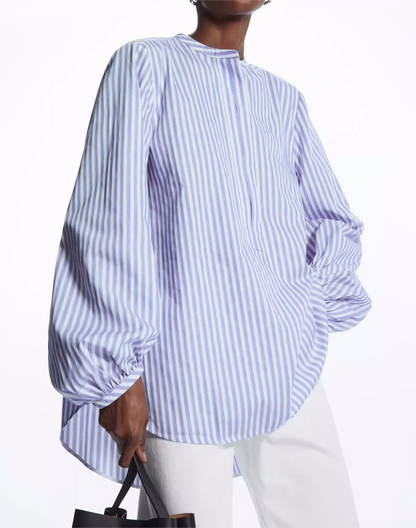 Spring Women Striped Pullover Stand Collar Decorative Lantern Sleeve Half Placket Shirt
