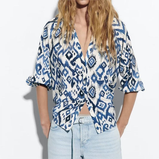 Summer Women Clothing Loose Casual Long Sleeves V Neck Printed Shirt