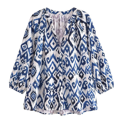 Summer Women Clothing Loose Casual Long Sleeves V Neck Printed Shirt