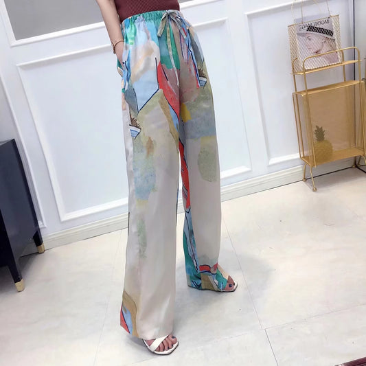 Color Painting Women Summer High Waist Slimming Straight Wide Leg Pants Loose Mop Pants