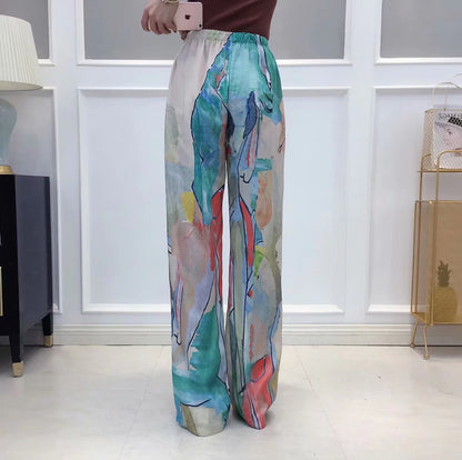 Color Painting Women Summer High Waist Slimming Straight Wide Leg Pants Loose Mop Pants