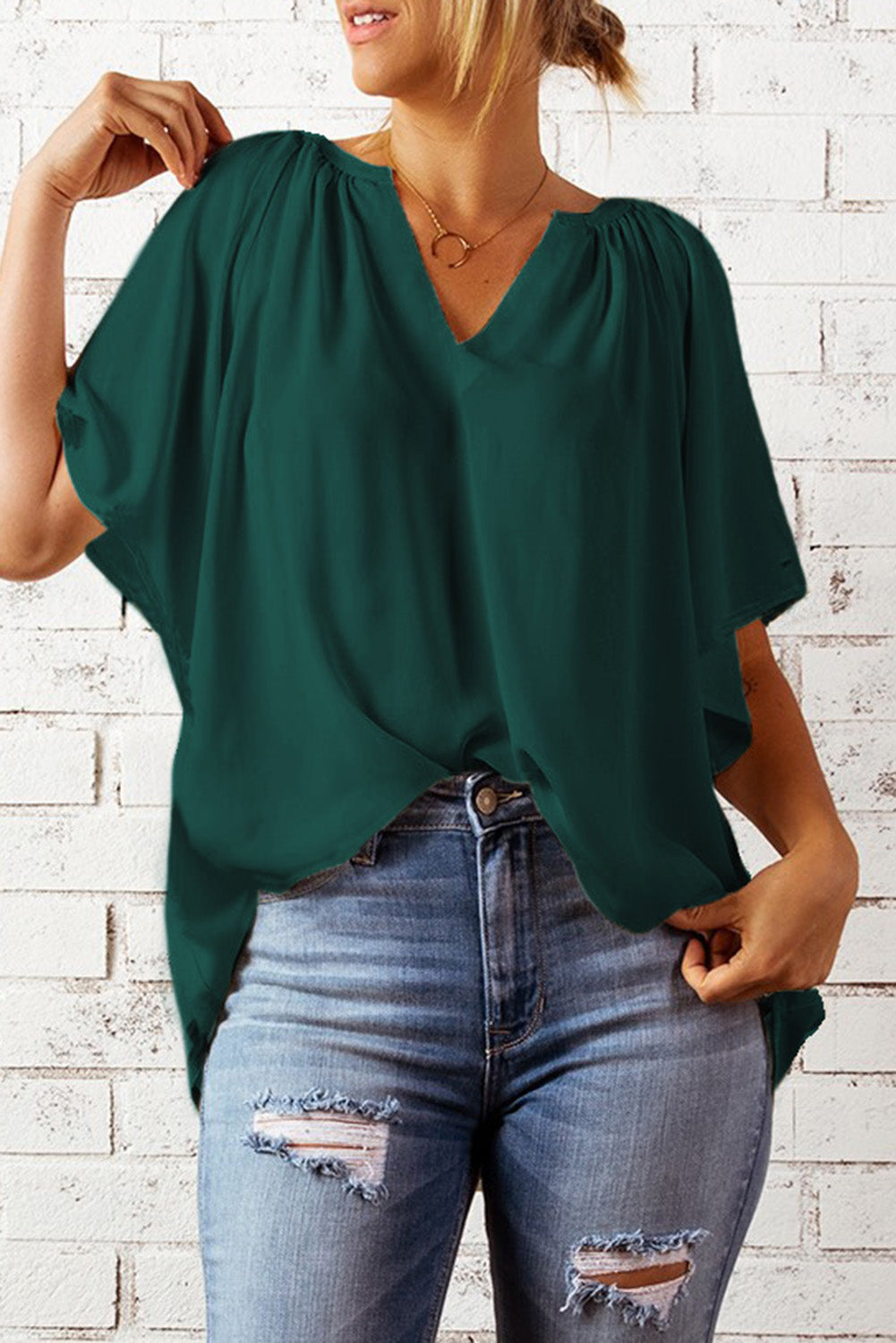 Split Neck Pleated Loose Top