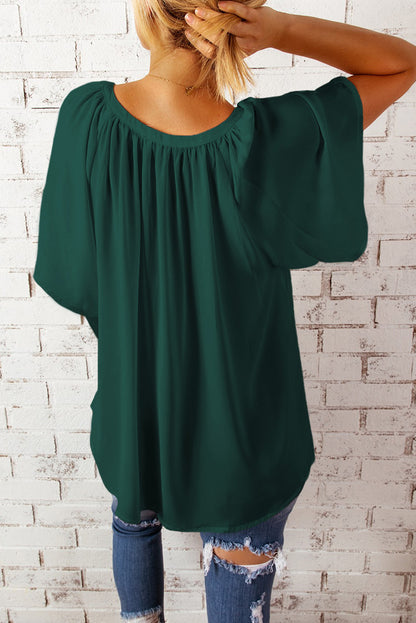 Split Neck Pleated Loose Top