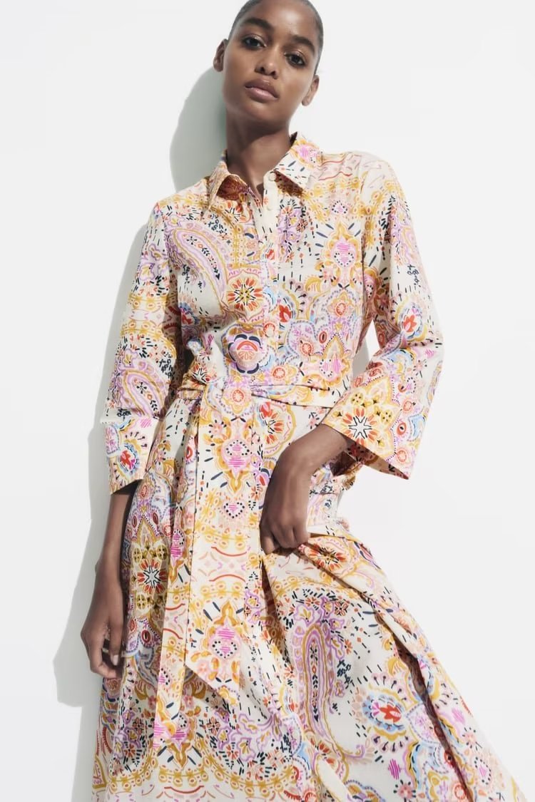 Summer Wind Women Long Sleeve Printed Wide Swing Dress