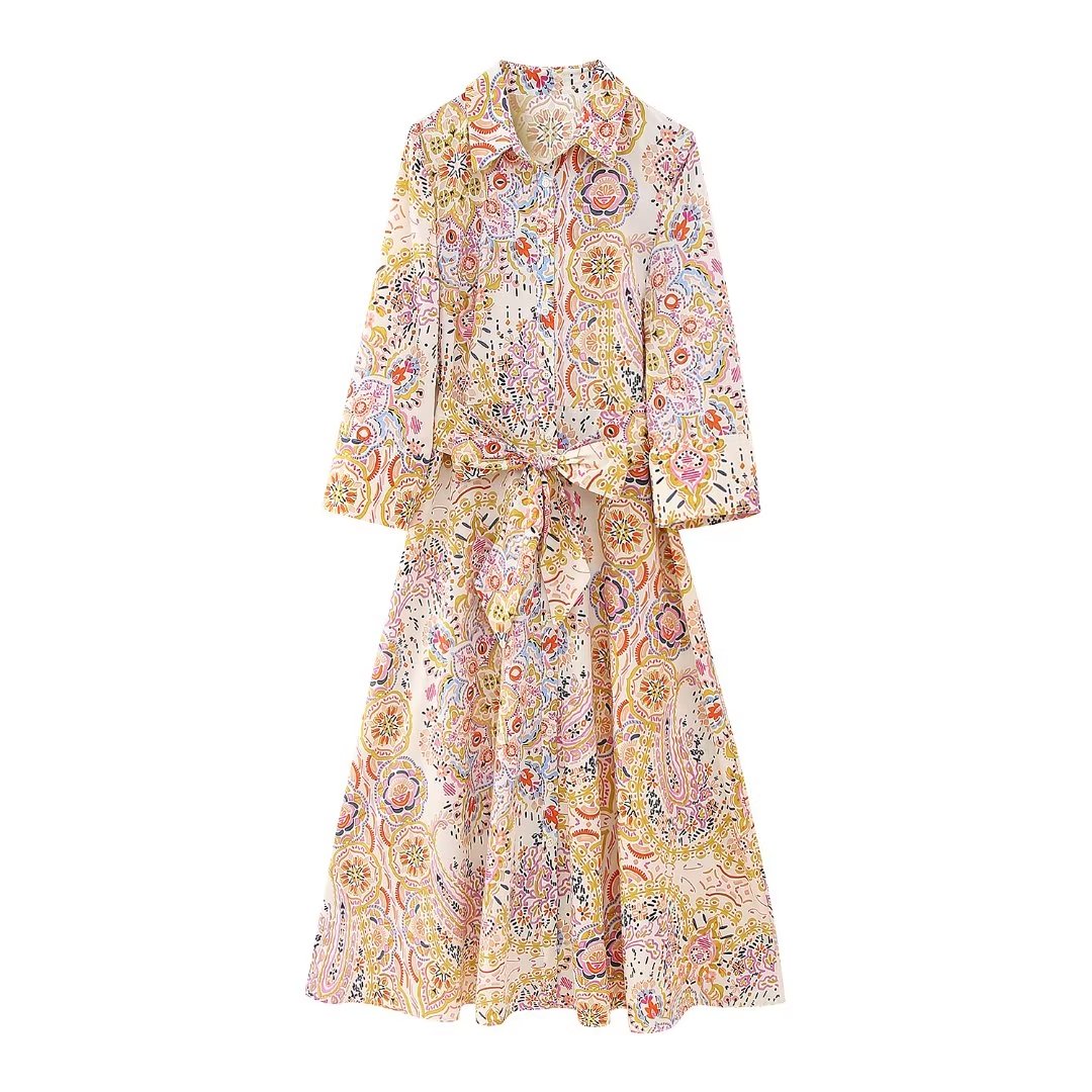 Summer Wind Women Long Sleeve Printed Wide Swing Dress