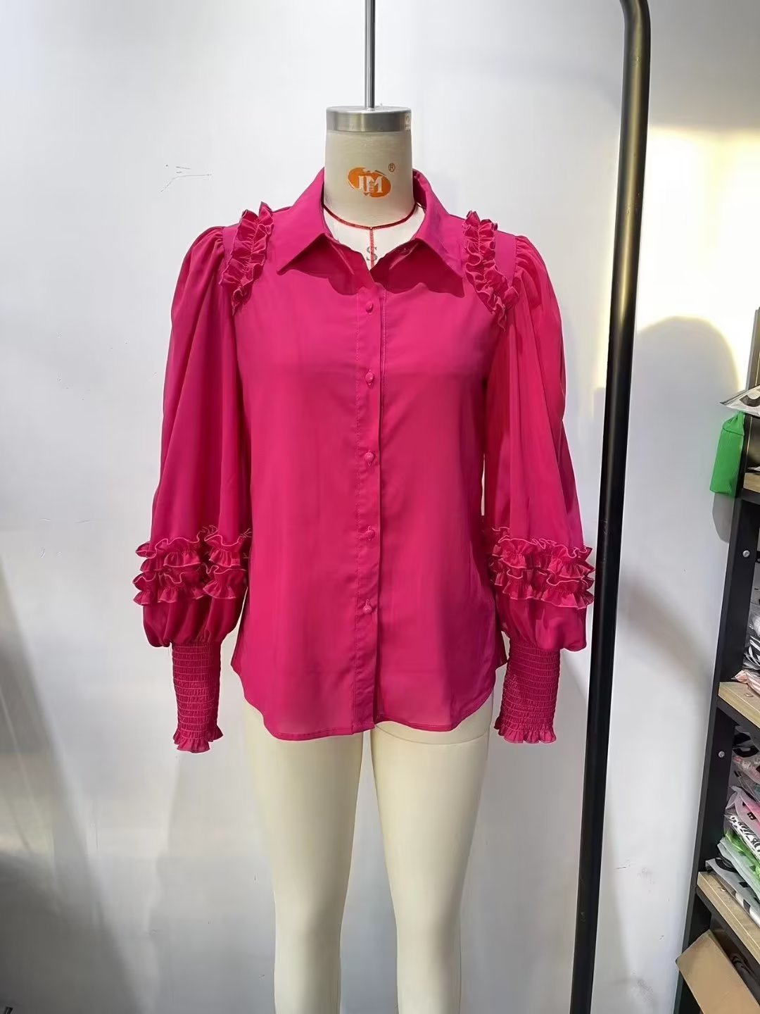 Summer Rose Red Lantern Sleeve Shirt Laminated Decoration Collared Long Sleeve Shirt Top Women