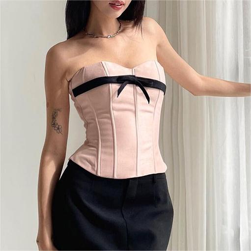 Summer Slim Fit Contrast Colors Bowknot Ribbon Satin Waist Tube Top for Women