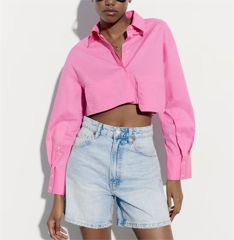 Summer Wind Women Long Sleeve Six Color Pocket Decorative Short Shirt