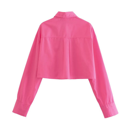 Summer Wind Women Long Sleeve Six Color Pocket Decorative Short Shirt