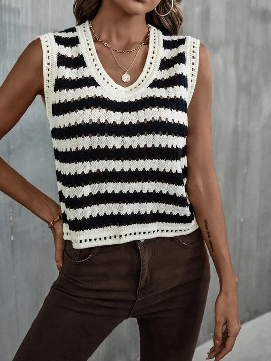 Women  Summer Crochet Cutout Colorblock Striped Casual Tank Top