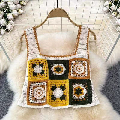 Women  New Summer Holiday Color Pair Crocheted Hollow Short Top