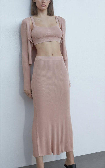 Women Slim Fit Sexy Elegant Cardigan Tank Top Half Skirt Set