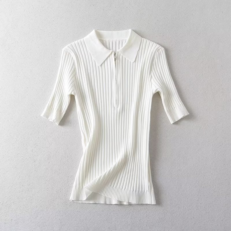 Spring Summer Patio Machine Pattern Polo Collar Knitted Short Sleeve Women