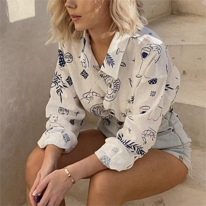 Summer Fashionable Printed Shirt Loose Lapels Single Breasted Long Sleeve Shirt Top