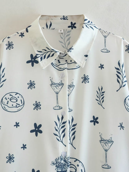 Summer Fashionable Printed Shirt Loose Lapels Single Breasted Long Sleeve Shirt Top