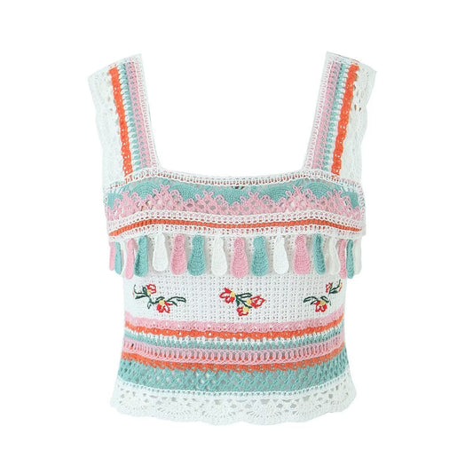 Summer Vintage Embroidery Tassel Suspender Short Camisole