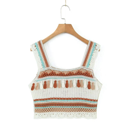 Summer Vintage Embroidery Tassel Suspender Short Camisole