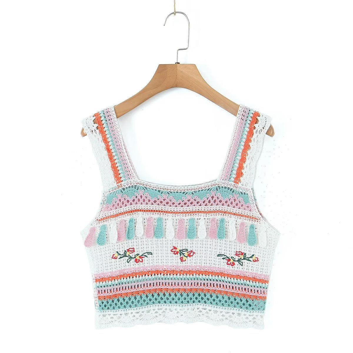 Summer Vintage Embroidery Tassel Suspender Short Camisole