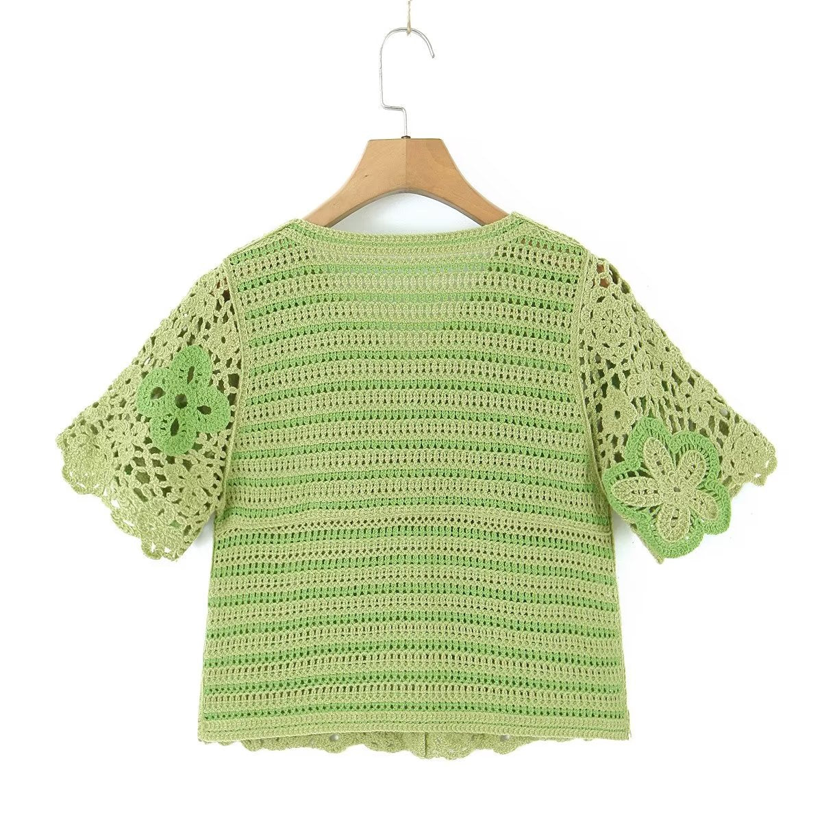 Spring Women Clothing V Neck Vintage Beaded Crocheted Short Sleeved Sweater Cardigan