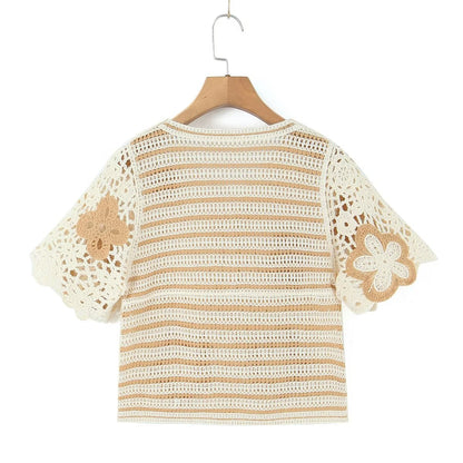 Spring Women Clothing V Neck Vintage Beaded Crocheted Short Sleeved Sweater Cardigan