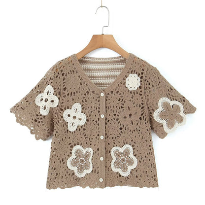 Spring Women Clothing V Neck Vintage Beaded Crocheted Short Sleeved Sweater Cardigan